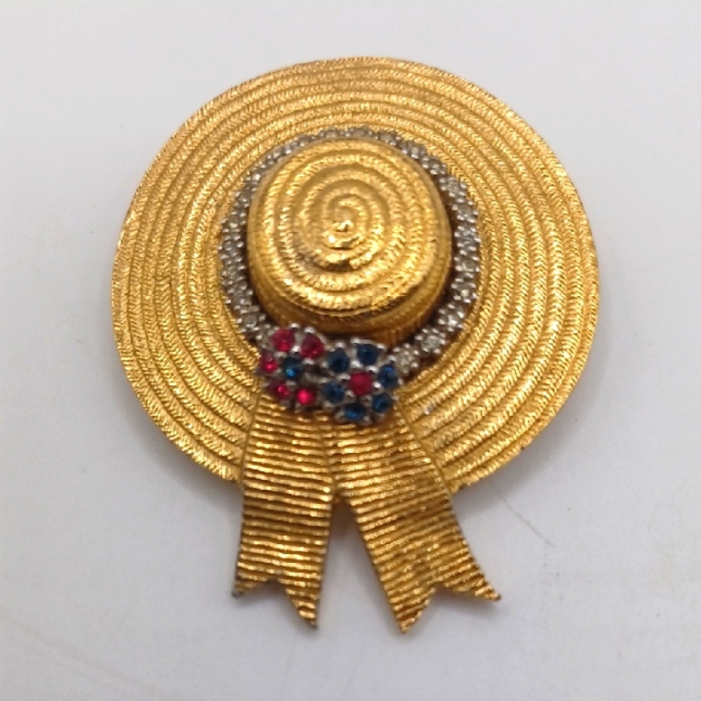 Ciner Gold Tone Hat Brooch With Flowers - Picture 1 of 6
